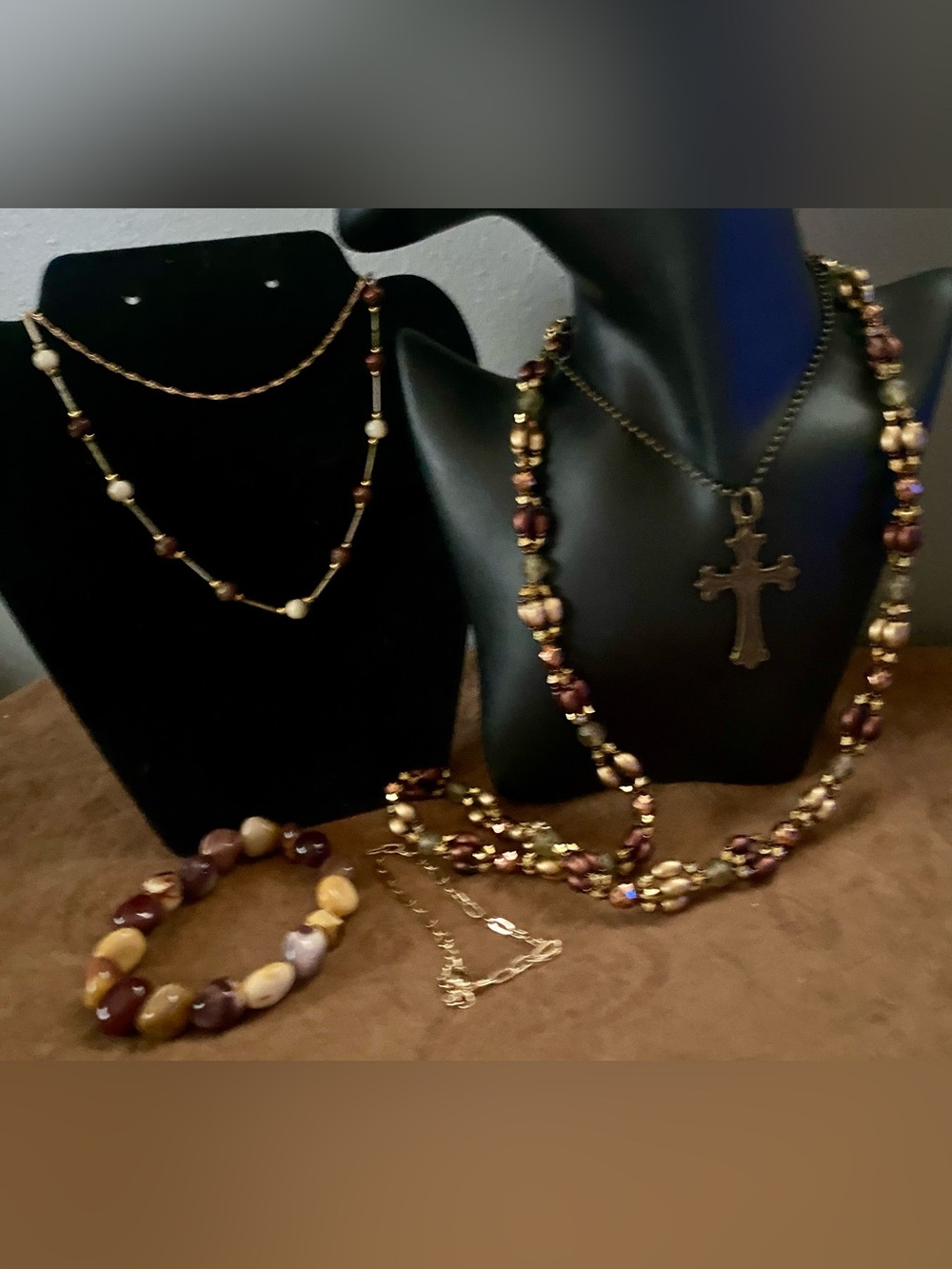 Beaded Cross Pendant Necklace he Set in Brown and Gold - Unbranded
